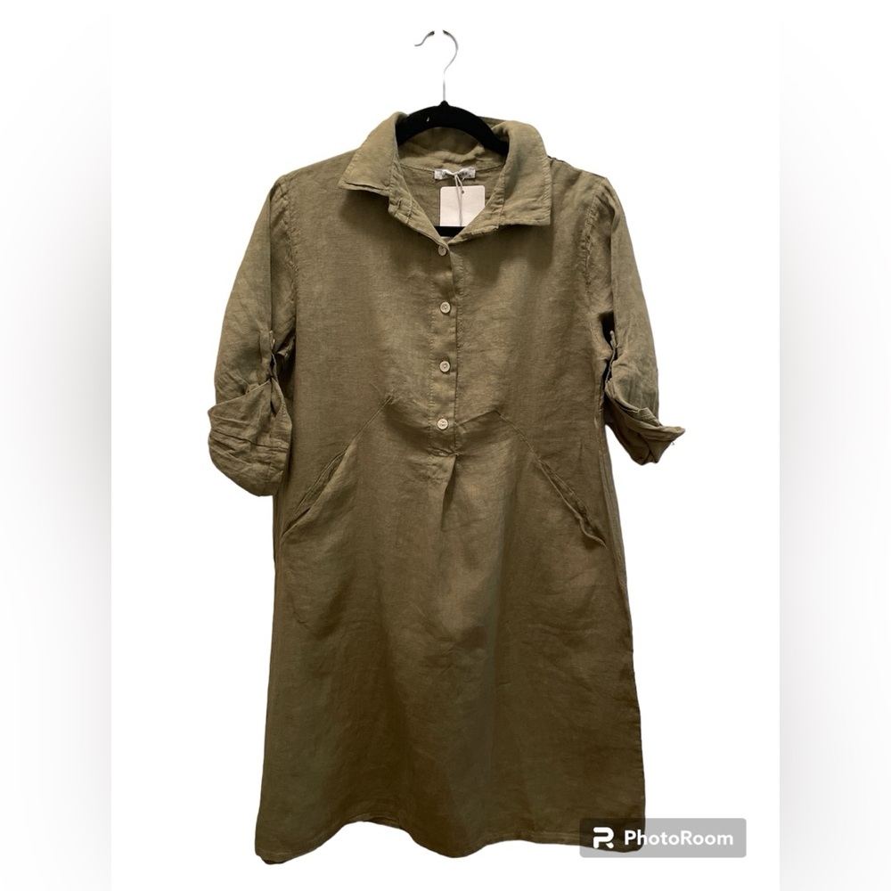 NWT Elena Baldi 100% Linen Dress in Army Green Button down with Pockets